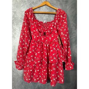 Riley & James Mini Dress Womens M Red Floral Smocked Bodice Cutout Bow Detail